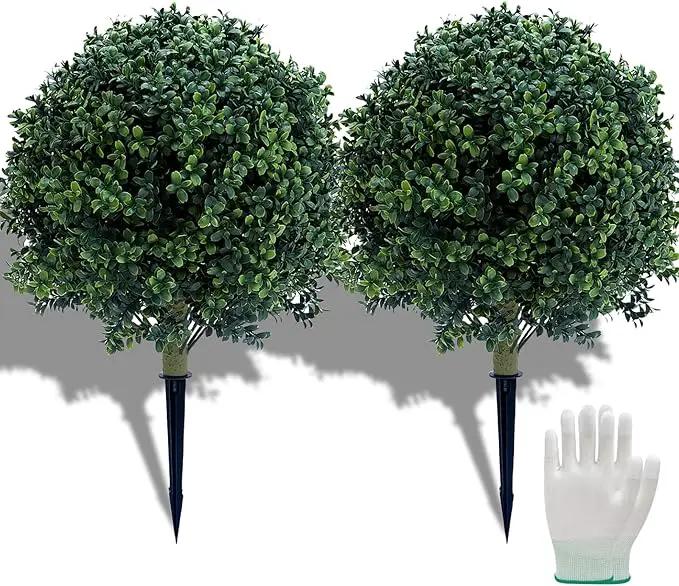 23.6 Inches Set of 2 Artificial Boxwood Topiary Ball Tree with Ground Spike, Faux Bushes UV Resistant Faux Greenery Shrubs, Fake Boxwood Plants for Indoor, Front Porch Decor, Garden, Yard by GreenHaven Gardens