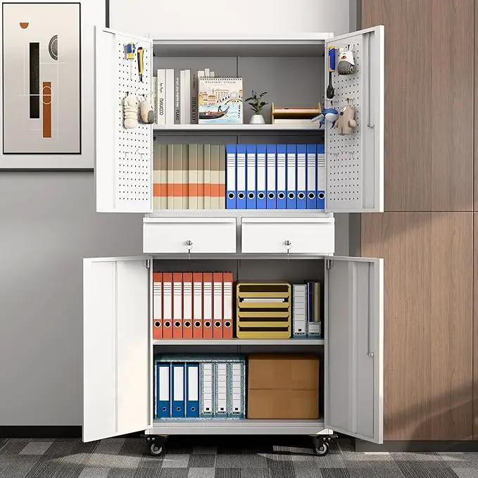 Metal Garage Storage Cabinet with Locking Doors and 2 Adjustable Shelves, Rolling Tool Storage Cabinet with 4 Wheels and 2 Drawer for Garage, Warehouse, White and Gray, Assembly Required by GreenHaven Gardens