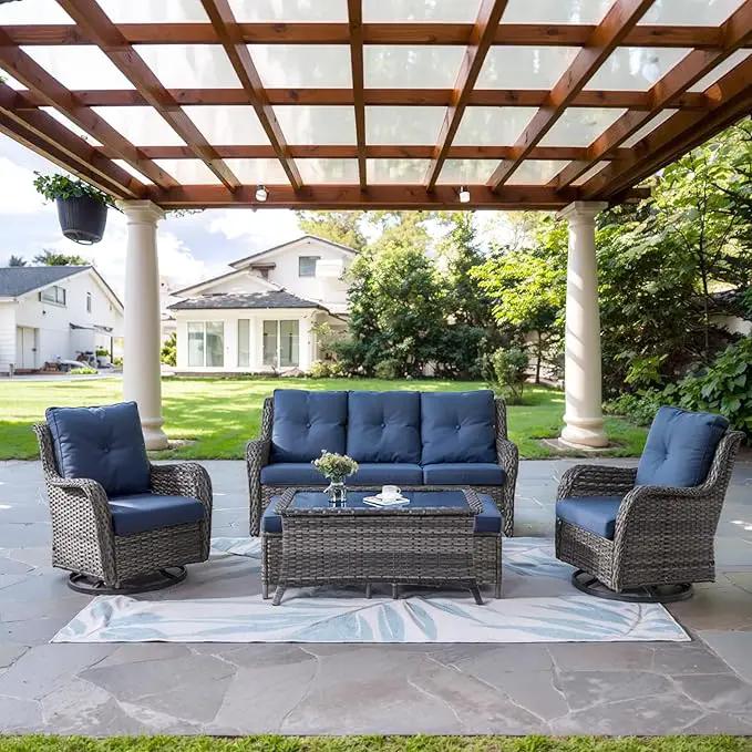 Wicker Outdoor Furniture Patio Furniture Set - 6 Piece Patio Conversation Set with Swivel Rocker Chairs, Rattan Sofa, Ottomans and Coffee Table, Blue Cushion by GreenHaven Gardens