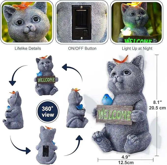Solar Cat Figurine Garden Statues : Outside Welcome Cat Statue with Butterfly for Garden Decor and Yard Decorations - Unique Gifts for Women and Mom by GreenHaven Gardens