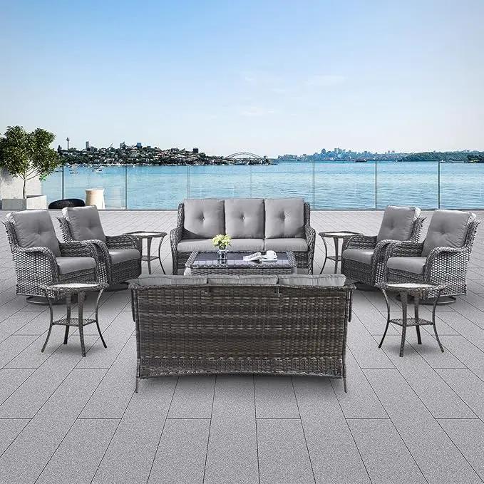 Wicker Patio Furniture Sets - 13 Piece Outdoor Rattan Furniture Conversation Sets with 4 Swivel Rocker Chairs, 2 Rattan Sofas, Wicker Ottomans and Coffee Table, Mixed Grey/Grey by GreenHaven Gardens