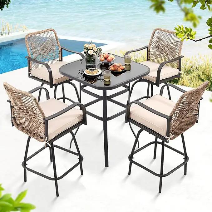 Outdoor Bar Stools Set of 4, Patio Swivel Counter Height Rattan Bar Stools, Patio Wicker Bar Swivel Chairs with Cushion, Outdoor Pool Bar Chairs for Backyard Garden Balcony w /360 Rotation by GreenHaven Gardens