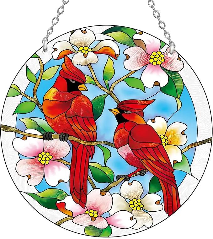 AUFURI Large Size Cardinal Suncatcher - 8.6 inch Stained Glass Window Hanging - Pairs of Red Cardinal Birds - Cardinal Gifts for Women, Hand Painted Glass Cardinal for Birds Lover, Window (8.6inch) by GreenHaven Gardens