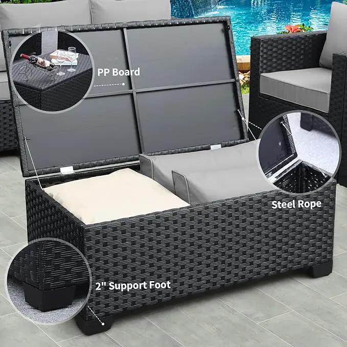 Rattaner Patio Coffee Table with Storage Wicker Outdoor Coffee Table and All-Weather Wicker Side Table with Waterproof Cover, Black by GreenHaven Gardens