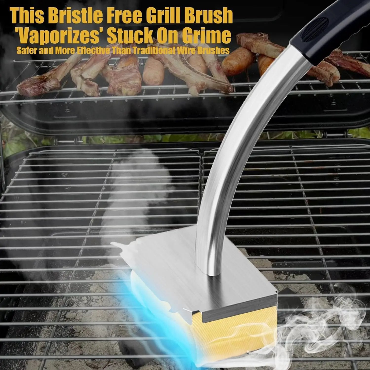 Grill Brush Bristle Free,Long Handle Steam Grill Brush for Outdoor Grill,BBQ Safe Grill Cleaner Brush,Includes 2 Replaceable Heads for Easy Grill Maintenance Black by GreenHaven Gardens