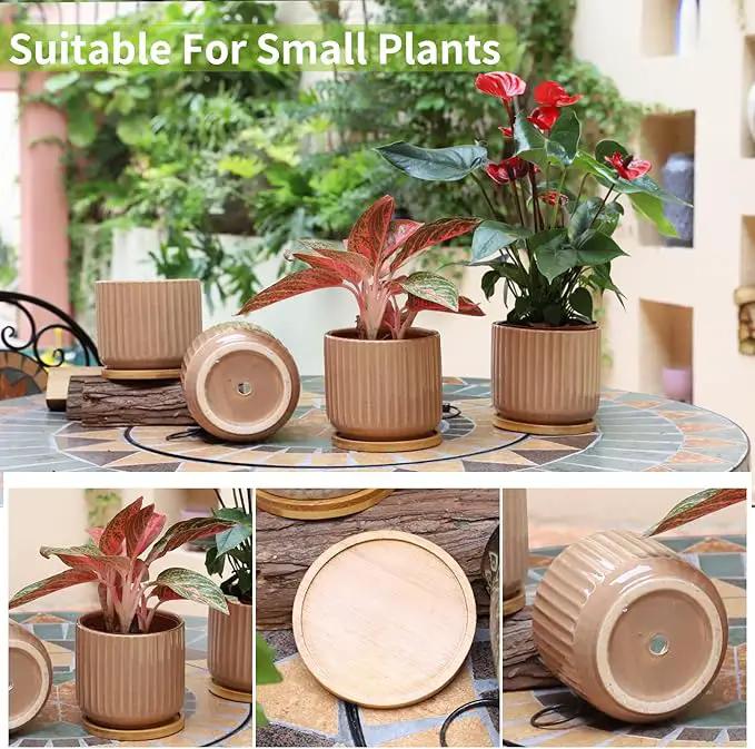 TAMAYKIM 5.25 Inch Ceramic Plant Pots with Drainage Holes and Saucers, Modern Flower Pots with Trays for Indoor Planters, Snake Plant, Succulent, Cactus and Herbs, Red, Set of 4 by GreenHaven Gardens