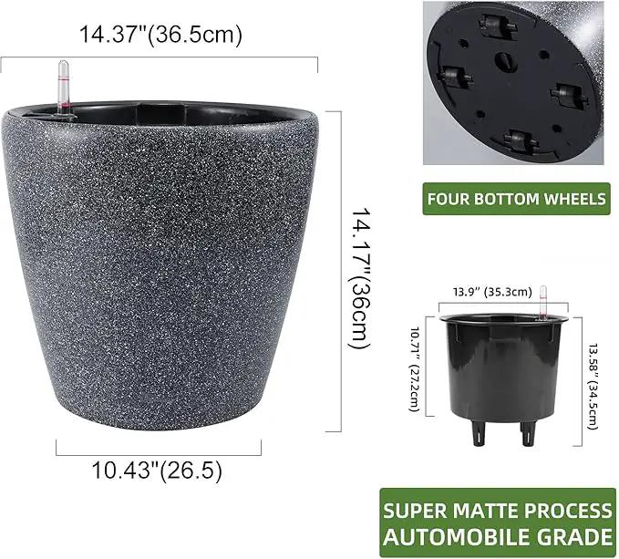 Dexceder 15x14 Self Watering Planter with Wheels Indoor Outdoor, Inner Pot Design, Thickened Large Floor Standing Flower Plant Pot with Water Level Indicator (Stone Matte) by GreenHaven Gardens