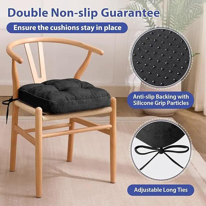Chair Cushions for Dining Chairs, Dining Chair Cushions, Tufted Indoor Chair Pads with Ties & Non Slip Backing, Seat Cushions for Kitchen Chairs 16.5” x 16.5” x 3.5”, Set of 6, Black by GreenHaven Gardens