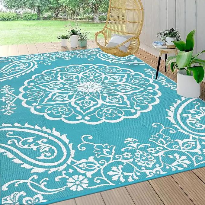 Pauwer Waterproof Outdoor Rug 8x10, Reversible Plastic Straw Patio Camping Rug, Indoor Outdoor RV Mat Carpet for Deck, Camper, Porch, Balcony, Backyard, Picnic, Boho Teal by GreenHaven Gardens