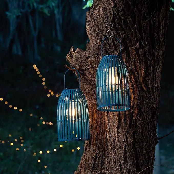 Set of 2 Solar Lantern Outdoor Waterproof Hanging Metal Birdcage Shaped Lantern Decorative Solar Light for Garden Yard Patio Porch, Blue by GreenHaven Gardens