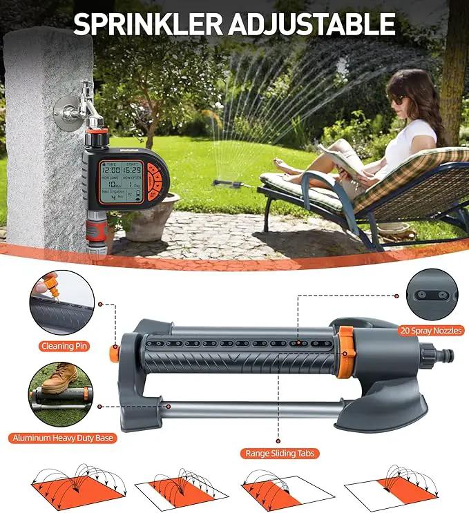 Oscillating Sprinkler with Irrigation Timer, Adjustable Sprinklers for Yard Large Area, Cover up to 3,600 sq. ft, Programmable Water Sprinkler Timer, Rain Delay Lawn & Garden Sprinklers Timer by GreenHaven Gardens