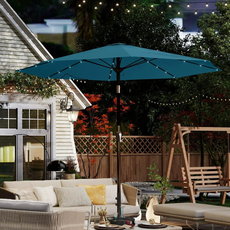 10FT Solar Umbrella 32 LED Lighted Patio Umbrella Table Market Umbrella w/Tilt and Crank, UV-Resistant Outdoor Umbrella for Pool, Garden, Deck, Lake Blue by GreenHaven Gardens