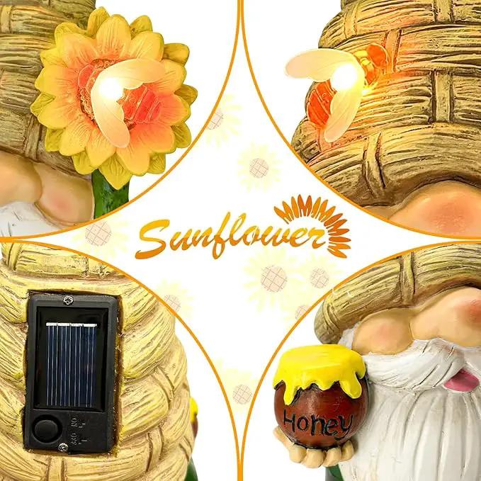 Uniboho Garden Gnome Statue Outdoor Garden Decor Large Resin Sunflower Gnome Holding Honey Jar with Solar Bee Lights for Garden Yard Decorations Patio Lawn Outside Porch Lawn Decor Gnomes Gifts 12" by GreenHaven Gardens