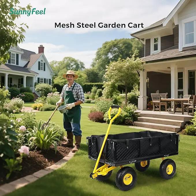 SUNNYFEEL 900 Lbs Capacity Heavy Duty Mesh Steel Garden Cart,Folding Utility Cart with Removable Side Nets, Non-Slip Rubber Base, Black & Yellow,Upgraded Version by GreenHaven Gardens
