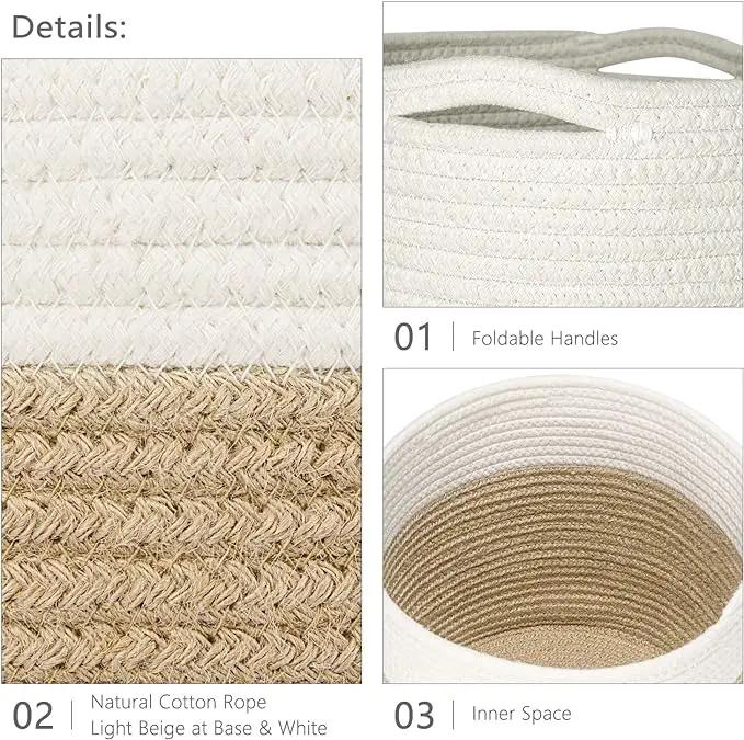 Dahey Small Cotton Rope Plant Basket Woven Plant Coiled Basket for Up to 7" Planter, Decorative Flower Pot Cover Closet Storage Bin Table Desk Organizer for Home Decor, White and Beige by GreenHaven Gardens