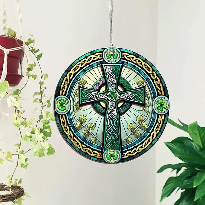 St Patricks Day Decorations - Irish Gifts for Men Women Friends Family, St Patricks Day Accessories, Celtic Cross Home Decor - Double Layered Hanging Suncatcher 12 in by GreenHaven Gardens