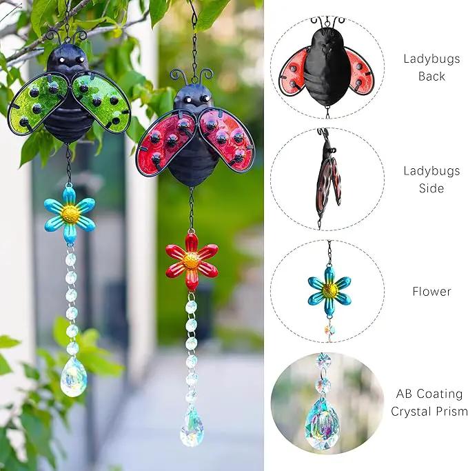 19'' Crystal Garden Suncatcher Decor Set 2 Stained Glass Metal Ladybugs Window Hanging Crystal Prisms Suncatcher for Outdoors Rainbow Maker (Red & Green) by GreenHaven Gardens