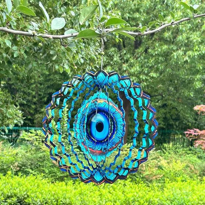 3D Wind Spinner Mandala 10 Inch Evil Eye Stainless Steel Wind Sculpture Blue Hanging Ornament Laser Cut Metal Art for Indoor Outdoor Garden Decoration Protective Amulet for Home and Yard by GreenHaven Gardens
