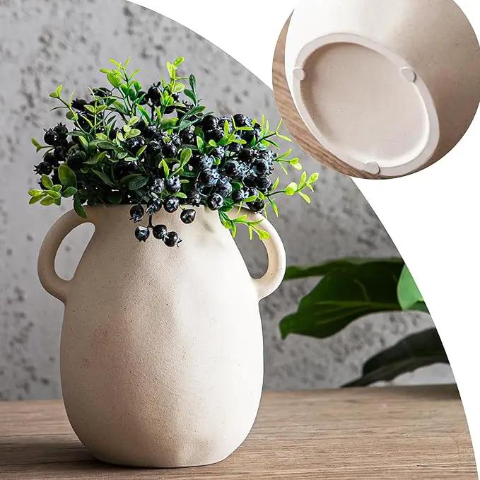 Kimdio White Ceramic Vase with 2 Handles – Sand-Glazed Clay Pottery Vase for Dried Flowers, Rustic Modern Table Decor, Farmhouse Boho Shelf Decoration by GreenHaven Gardens