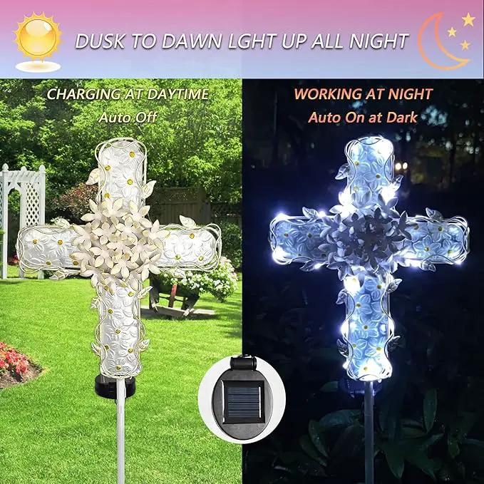 38Inch Solar Cross Garden Lights Outdoor Decorative - Solar Metal&Glass Cross White Hydrangea Flower Stake Lights- Waterproof 20 Warm White LED for Remembrance Gifts & Sympathy Gifts. by GreenHaven Gardens
