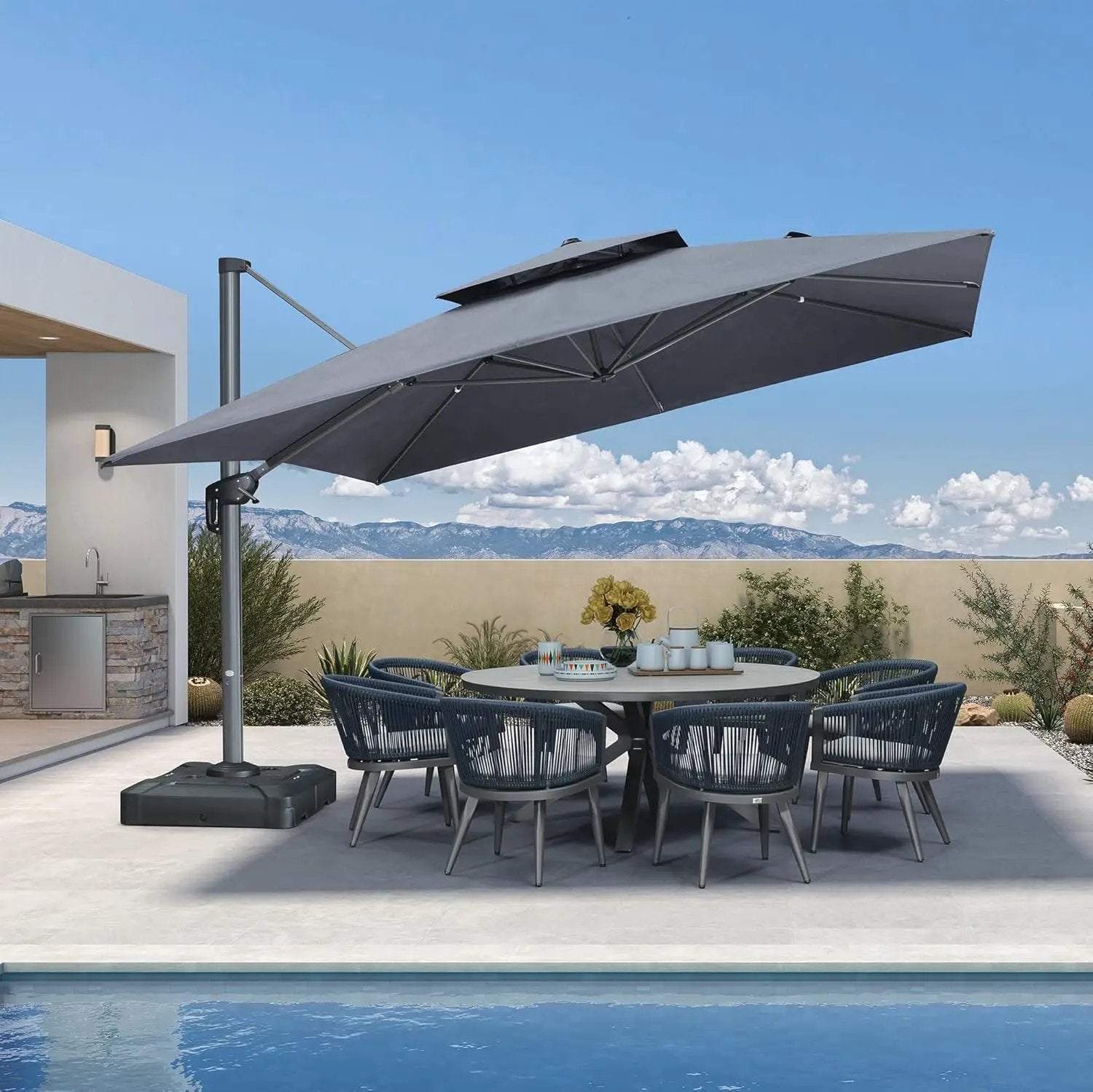 PURPLE LEAF Cantilever Umbrella 12FT Heavy Duty Large Double Top Offset Hanging 360° Rotation Square Umbrella for Garden Patio Deck Pool Backyard Cast Slate by GreenHaven Gardens