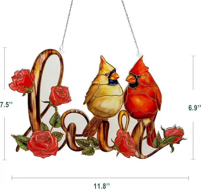 Love with Red Cardinal Suncatcher Red Bird Stained Glass Suncatchers Window Hanging Ornament for Home Decor for Valentine's Day Mother's Day Women Mom Birds Lovers Friends (Love) by GreenHaven Gardens