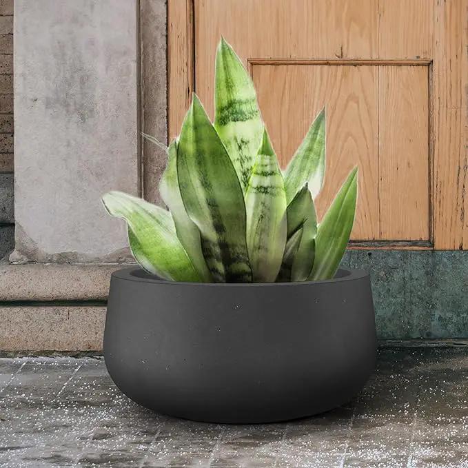 Kante 19.6" Dia Round Concrete Planter, Cement Plant Pots with Drainage Hole and Rubber Plug for Outdoor Indoor Garden Home, Modern Curvaceous Design, Black by GreenHaven Gardens