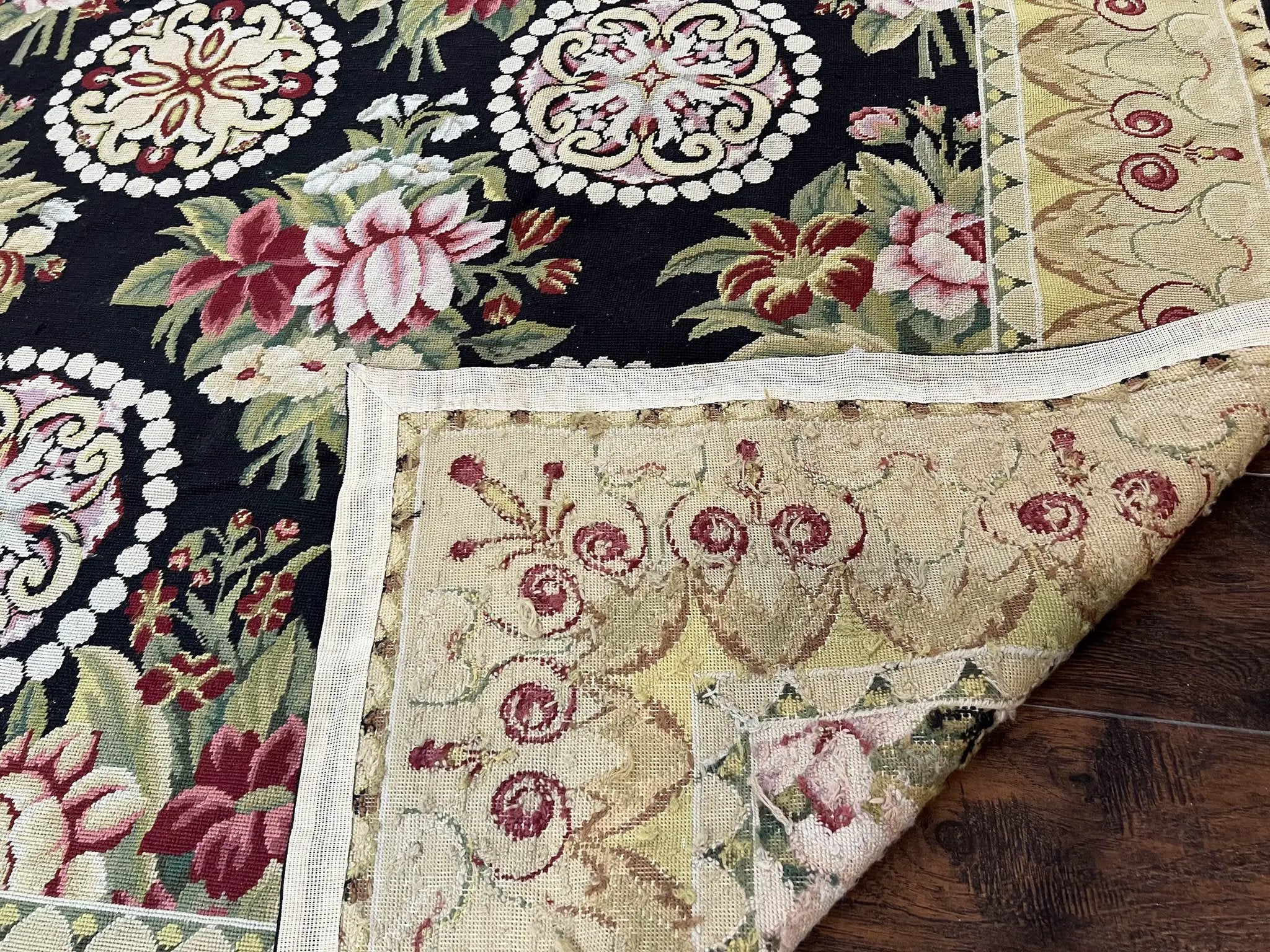 9x12 Black Needlepoint Rug, European Floral Panel Design, Handwoven, Vintage Chinese Needlepoint, Black Green Beige, Wool Rug 9 x 12 by Jewel Rugs
