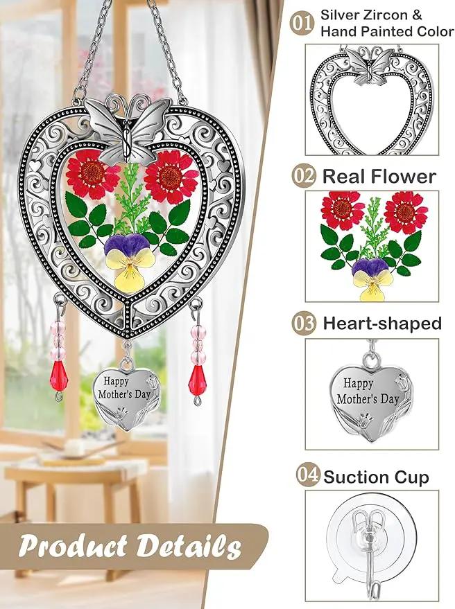 KY&BOSAM Suncatcher Happy Mother’s Day Stained Glass Tree of Life Heart Gifts Garden Ornament Wind Chimes for Windows Pressed Flower Between Heart in Glass Metal Engraved Charm as by GreenHaven Gardens