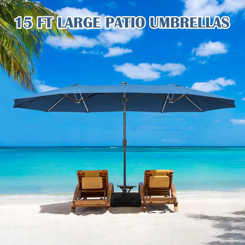 Sundale Outdoor Solar 144 LED 15 ft Patio Umbrella with Sandbag Base Included and Cover, Outdoor Double-Sided Umbrella, Navy by GreenHaven Gardens