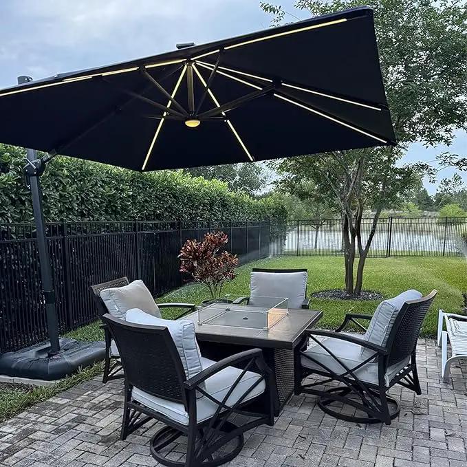 PURPLE LEAF 10 Feet Patio Umbrella with Base Outdoor Cantilever Solar Powered LED Square Umbrella Aluminum Offset Umbrella with 360-degree Rotation for Garden Deck Pool Patio, Grey by GreenHaven Gardens