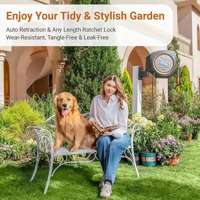 Ruvup Retractable Garden Hose Reel,1/2in x 150ft Water Hose Reel with Metal Bracket, UV Resistant Automatic Hose Reel Wall Mount for Outside, Slow Retraction Any Length Lock 10 Spray Nozzle by GreenHaven Gardens