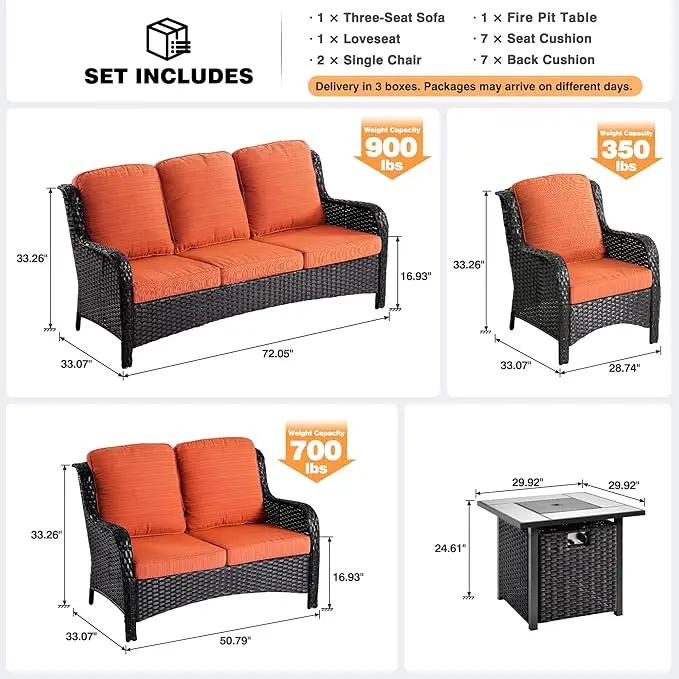 ovios 5 Pieces Patio Furniture Set with 30" Fire Pit Table, Outdoor Wicker Sofa with Loveseat, Comfy Cushions, High Back Couch Conversation Set, Brown Rattan, Orange Red by GreenHaven Gardens