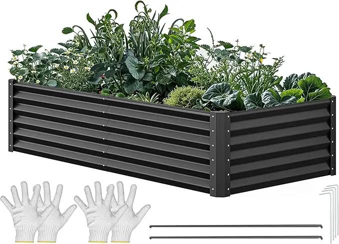 YITAHOME 6x3x1.5ft Large Raised Garden Bed Kit, Galvanized Metal Planter Box with Gloves, Ground Nails, Support Rod, Outdoor Above Ground Planters for Plants Vegetables Flowers, Black by GreenHaven Gardens