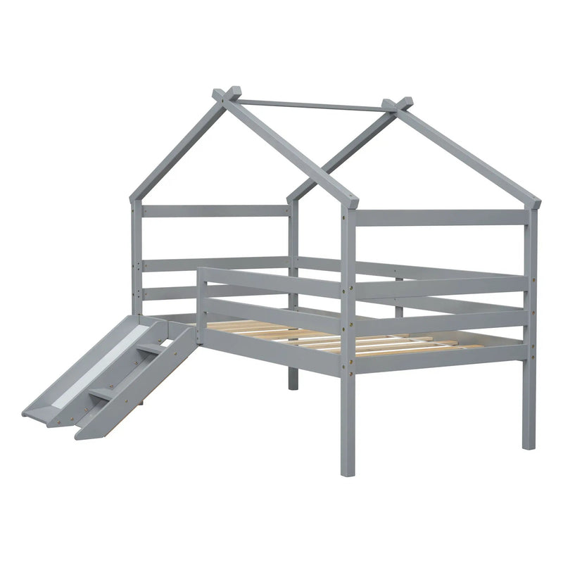 Low Loft House Bed With Slide, Ladder, Safety Guardrails, House Roof Frame by HouseOfZazla