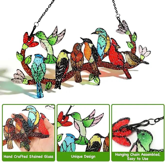 Huray Rayho Birds On Branch Stained Glass Suncatcher Cardinal Hummingbird Kingfisher Double Side Glass Panel Window Hanging Decor Bird Ornament Bird Lover Gift for Mom Grandma by GreenHaven Gardens