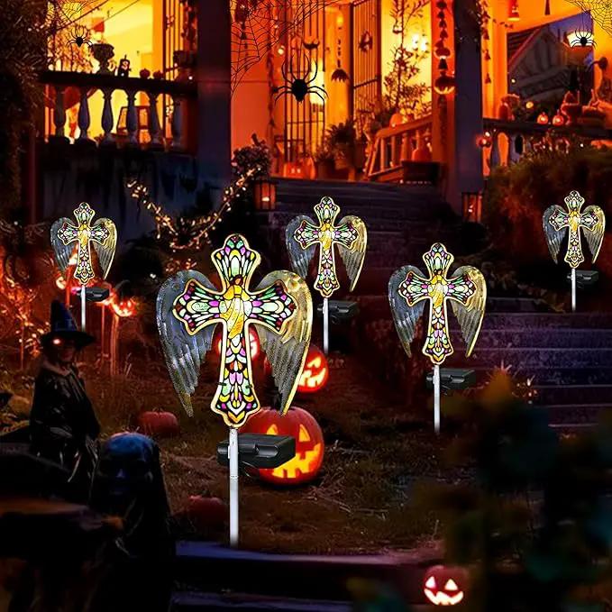 YJFWAL Solar Glass Cross Garden Stake Light, Cemetery Decorations for Grave Outdoor Lights, Jesus Cross Angel Wings Sympathy Memorial Gifts, for Easter Halloween Garden Lawn Yard Patio Decor by GreenHaven Gardens