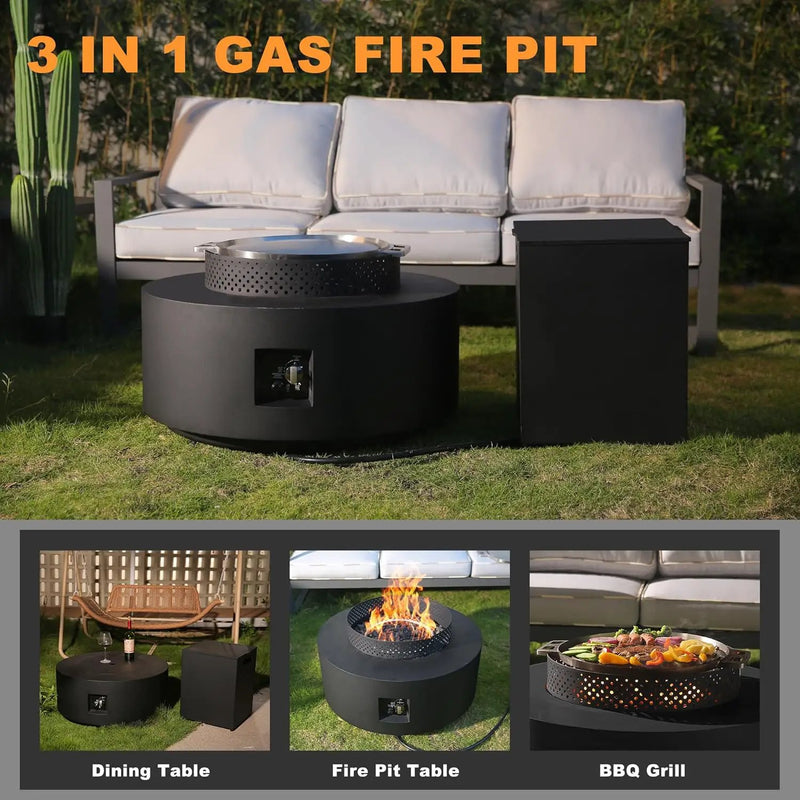 3-Piece Outdoor Fire Pit Table, 32 Inch Propane Fire Table 65,000 BTU Black Round Gas Firepit, Baking Sheet, Wind Guard and 16 inches Tank Side Table for Deck, Backyard and Pool, Black by GreenHaven Gardens
