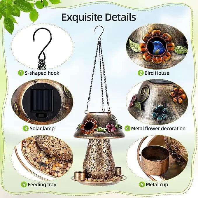 Mushroom Solar Bird Feeders for Outdoors Hanging Metal Wild Bird Feeder Garden Lantern with S Hook for Garden Decoration Brown by GreenHaven Gardens
