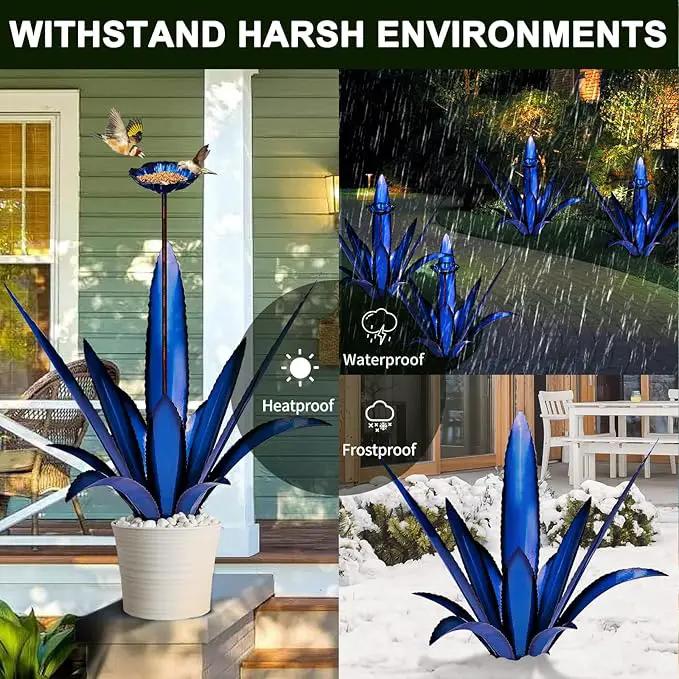 Upgraded Large Metal Yard Art, Metal Agave Plant Yard Decorations Outdoor Sculpture, Metal Flowers for Outside, Waterproof Outdoor Garden Decor (Blue+ Bird Feeder) by GreenHaven Gardens
