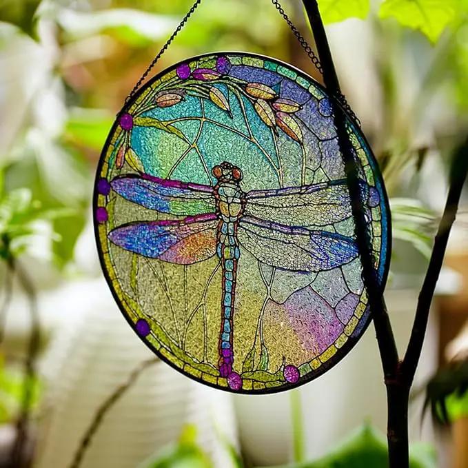Dragonfly Stained Glass Suncatcher Artistic Window Hanging,7.8” Hand-Painted Glass Panel Wall Home Decor,Gift for Women Garden Decor Suncatcher (Dragonfly), BL009 by GreenHaven Gardens