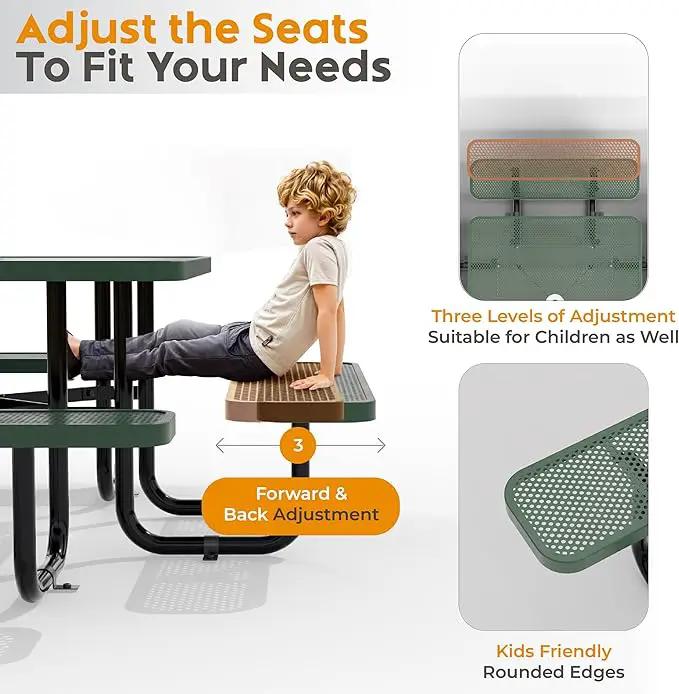 Metal Picnic Tables for Outdoors with Umbrella Hole - Coated Steel Heavy Duty Commercial Grade Table with Adjustable Seats (Green, 46 in, Square, Punched Steel) by GreenHaven Gardens