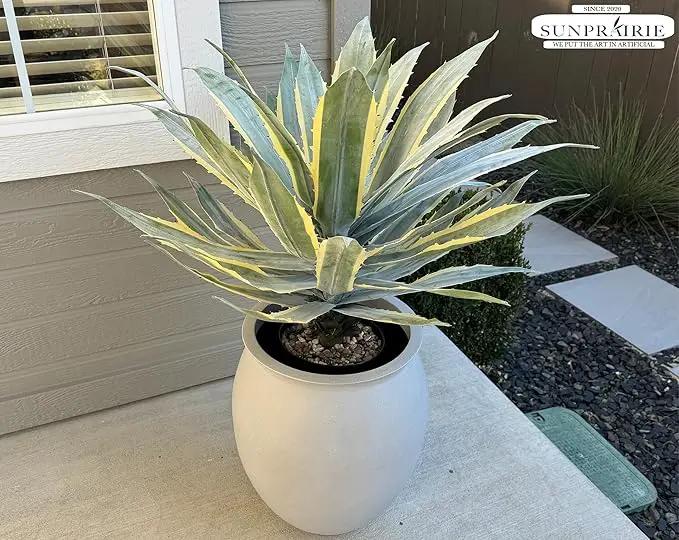 SUNPRAIRIE 32 Inch Tall Large Faux Agave Plant with Two-Tone Sawtooth Edged Leaves; Planted in Black Pot with Real Stone Pebbles. Large Artificial Plants Indoor and Outdoor. by GreenHaven Gardens