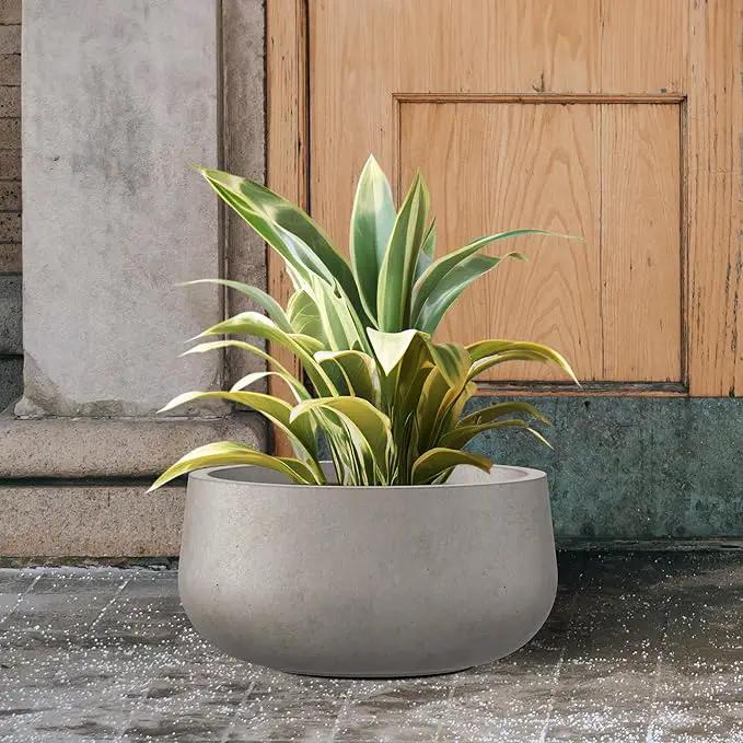 Kante 15.7" Dia Round Concrete Planter, Outdoor Indoor Garden Plant Pots with Drainage Hole and Rubber Plug, Modern Curvaceous Design, Weathered Concrete by GreenHaven Gardens