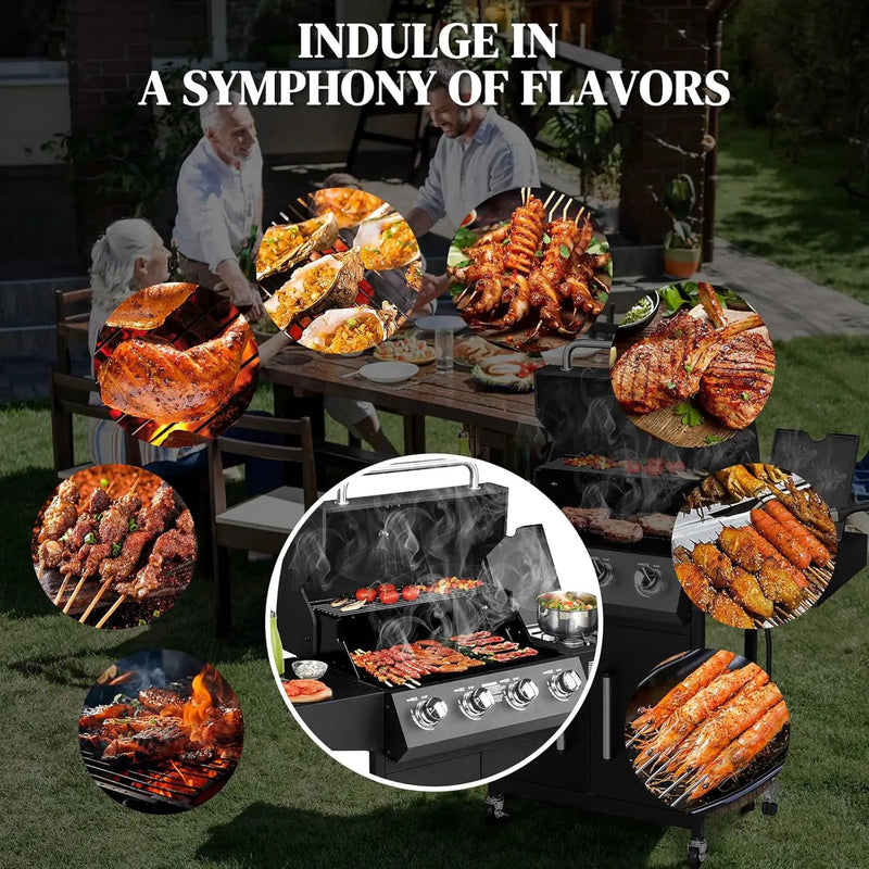 ROVSUN 4-Burner Propane Gas BBQ Grill with Side Burner & Enameled Cast Iron Grates, 58,000 BTU Barbecue Grill with Wheels for Outdoor Patio Backyard Cooking Grilling, Black by GreenHaven Gardens