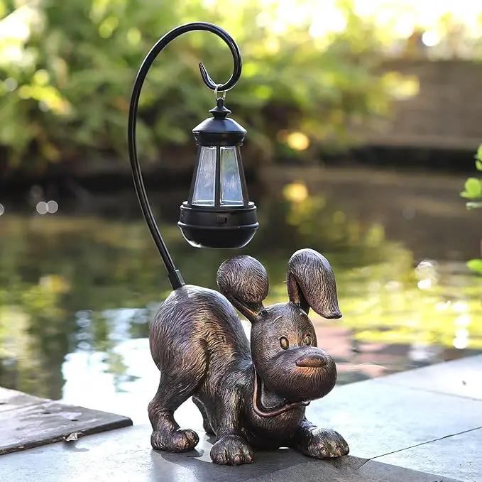 Laughing Dog Figurine with Solar-Powered LED Light 15.9 Inches Tall Antique Bronze, Perfect for Gift Garden Decor or Housewarming for Dog Lovers by GreenHaven Gardens