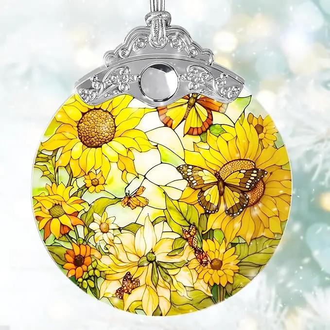 Stained Glass Suncatcher, Jocidea Sunflower and Butterfly Decor, Christmas Ornament, Holidays Ornaments, Christmas Tree Ornament, Sunflower and Butterfly Gifts by GreenHaven Gardens