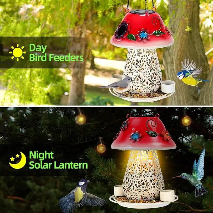 Mushroom Solar Bird Feeders for Outdoors Hanging Metal Wild Bird Feeder Garden Lantern with S Hook for Garden Decoration red by GreenHaven Gardens