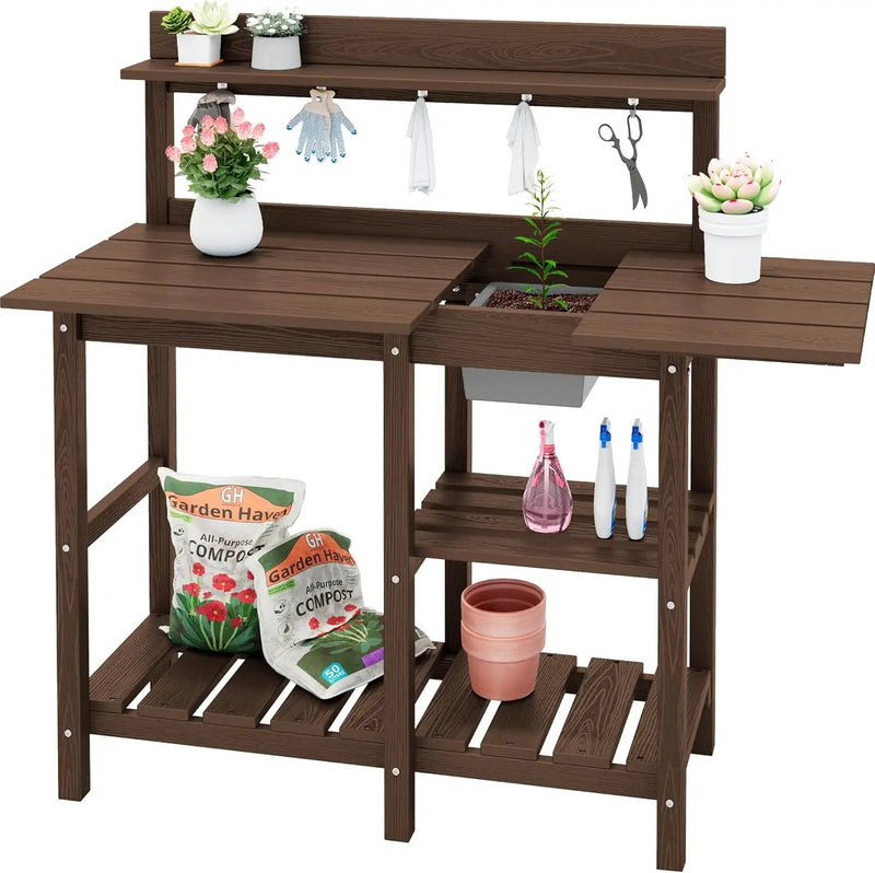 SERWALL Potting Bench Outdoor Potting Table with Sink, HDPE Potting Benches for Outside Gardening Table All Weather Use- Coffee by GreenHaven Gardens