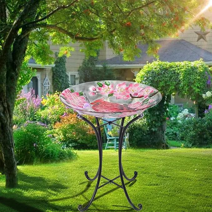 VCUTEKA Bird Baths for Outdoors, Glass Bird Bath with Metal Standing for Garden, Yards Patio Décor, Bird Lovers Gift, Cardinal Glass Birdbath Detachable (22" H * 18" W) by GreenHaven Gardens